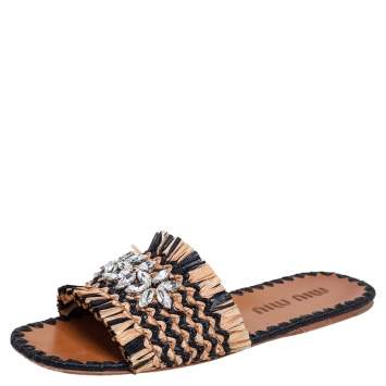Pre Owned Miu Miu Beige/Black Woven Raffia Crystal Embellished Flat Slides Size 39