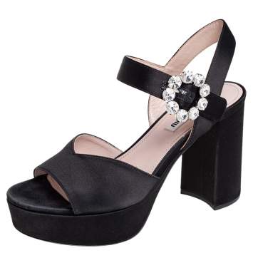 مملوكة مسبقًا Miu Miu Black Satin Crystal Embellished Buckle Platform Ankle Strap Sandals Size 36