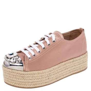 Pre Owned Miu Miu Pink Satin Crystal Embellished Metal Cap Toe Espadrille Platform Sneakers Size 37