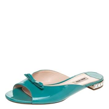 Pre Owned Miu Miu Blue Patent Leather Bow Crystal Embellished Heel Flat Slides Size 39