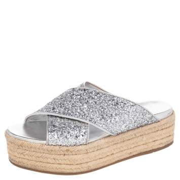 مملوكة مسبقًا Miu Miu Silver Glitter Fabric And Foil Leather Platform Espadrille Sandals Size 39