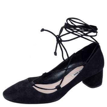 Pre Owned Miu Miu Black Suede Block Heel Ankle Wrap Pumps Size 39.
