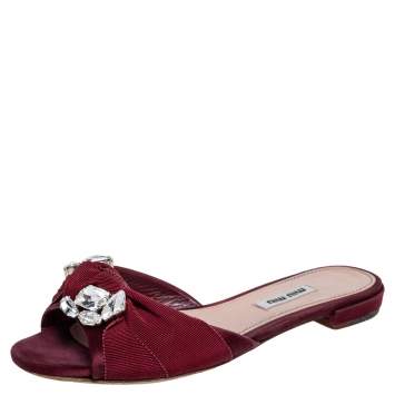 Pre Owned Miu Miu Burgundy Satin and Fabric Knot Slide Flats Size 37.5