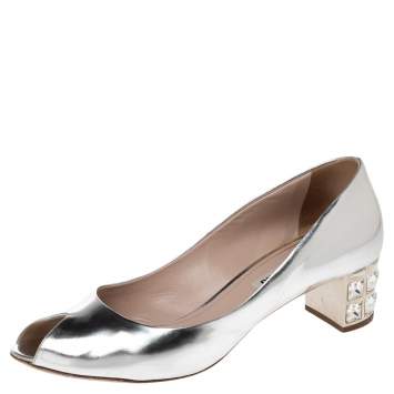 Pre Owned Miu Miu Silver Leather Crystal Embellished Peep Toe Block Heel Pumps Size 38