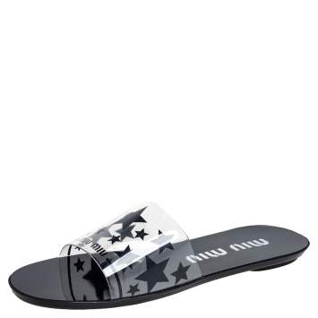 مملوكة مسبقًا Miu Miu Black/Transparent Star Print PVC Flat Slide Sandals Size 36.5