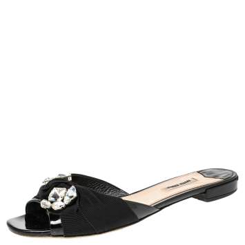 Pre Owned Miu Miu Black Patent Leather Crystal Embellished Slide Flats Size 39.5