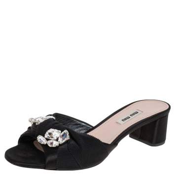 Pre Owned Miu Miu Black Satin and Canvas Crystal Embellished  Slide Sandals Size 38.5