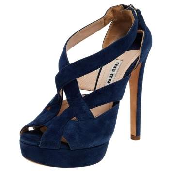 مملوكة مسبقًا Miu Miu Blue Suede Peep Toe Platform Slingback Sandals Size 36