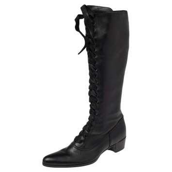 Pre Owned Miu Miu Black Leather Lace Up Thigh High Boots Size 38.5