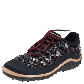 Pre Owned Miu Miu Black/Burgundy Embellished Satin and Mesh Astro Sneakers Size 35.5