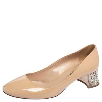 Pre Owned Miu Miu Beige Patent Leather Crystal Heel Pumps Size 39