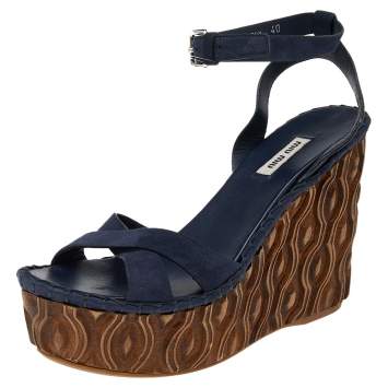 Pre Owned Miu Miu Blue Suede Wedge Platform Ankle Strap Sandals Size 40