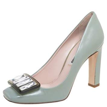 Pre Owned Miu Miu Grey Patent Leather Bow Embellished Pumps Size 36