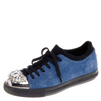 Pre Owned Miu Miu Blue/Black Suede Crystal Cap Toe Sneakers Size 40