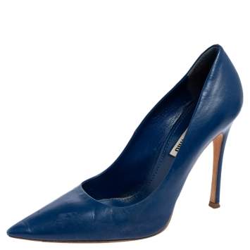 Pre Owned Miu Miu Blue Leather Pointed Toe Pumps Size 38