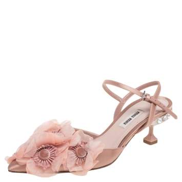 Pre Owned Miu Miu Beige Satin Floral Crystals Buckle Ankle Strap Sandals Size 36