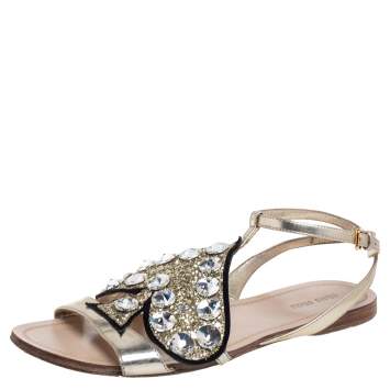 Pre Owned Miu Miu Gold Metallic Leather Glitter Heart Flats Size 38
