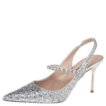 Pre Owned Miu Miu Silver Glitter Pointed Toe Slingback Pumps Size 38