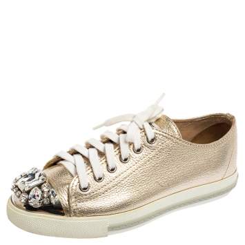 Pre Owned Miu Miu Metallic Gold Leather Crystal Embellished Metal Cap Toe Low Top Sneakers Size 36