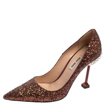 Pre Owned Miu Miu Brown Glitter Pointed Toe Pumps Size 36