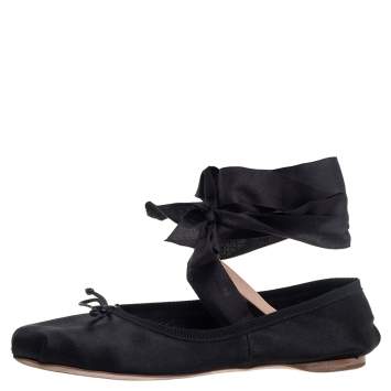 Pre Owned Miu Miu Black Satin Mary Jane Ballet Flats Size 37