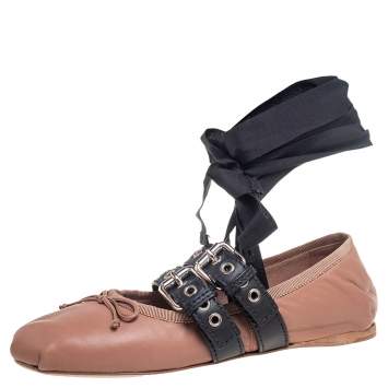 Pre Owned Miu Miu Nude Beige Leather Belted Ankle Wrap Ballerina Flats Size 37.5