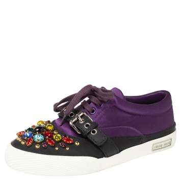 Pre Owned Miu Miu Purple Satin Crystal And Stud Cap Toe Embellished Buckle Detail Sneakers Size 37.5