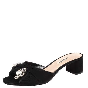 Pre Owned Miu Miu Black Satin and Grosgrain Crystal Embellished Slide Sandals Size 38.5