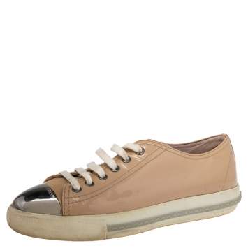 Pre Owned Miu Miu Beige Patent Leather Metal Cap Toe Low Top Sneakers Size 37.5