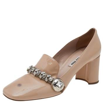 Pre Owned Miu Miu Beige Patent Leather Crystal Embellished Block Heel Pumps Size 38