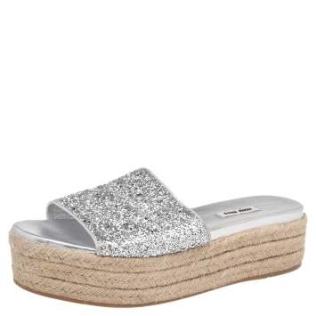 Pre Owned Miu Miu Silver Glitter Espadrille Platform Slide Sandals Size 41.5