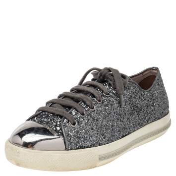 Pre Owned Miu Miu Metallic Grey Glitter And Metal Cap Toe Low Top Sneakers Size 39