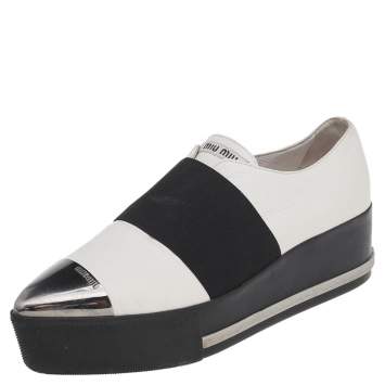 Pre Owned Miu Miu White Leather Metal Cap Toe Platform Slip On Sneakers Size 37