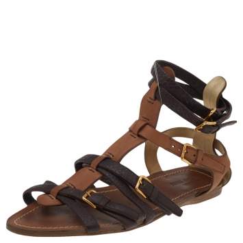 Pre Owned Miu Miu Tan/Dark Brown Leather Gladiator Flat Sandals Size 39