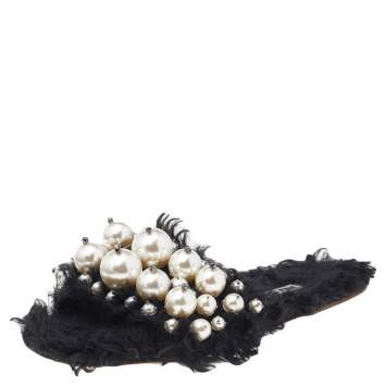 Pre Owned Miu Miu Black Fur Pearl Embellished Flat Sandals Size 37.5