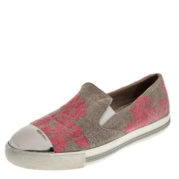 Pre Owned Miu Miu Beige/Pink Jute Metal Cap Toe Slip On Sneakers Size 37 