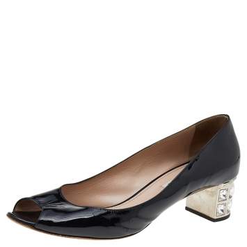 Pre Owned Miu Miu Black Patent Leather Embellished Block Heel Peep-Toe Pumps Size 39