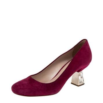 Pre Owned Miu Miu Burgundy Suede Crystal Embellished Block Heel Pumps Size 37