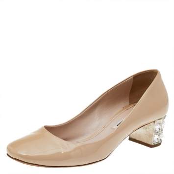 Pre Owned Miu Miu Beige Patent Leather Crystal Embellished Block Heel Pumps Size 37
