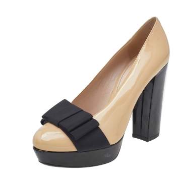 Pre Owned Miu Miu Beige/Black Patent Leather Bow Platform Block Heel Pumps Size 38