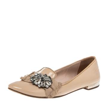 Pre Owned Miu Miu Nude Patent Leather Crystals Bow Ballet Flats Size 37