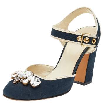 Pre Owned Miu Miu Navy Blue/Beige Canvas Crystal Embellished Ankle Strap Block Heel Sandals Size 37