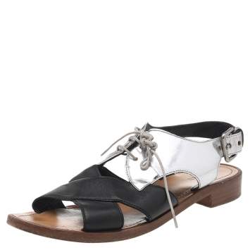 Pre Owned Miu Miu Silver-Black Patent Leather And Leather Lace Up Sandals Size 38