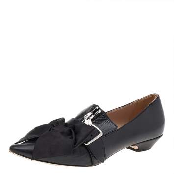 Pre Owned Miu Miu Black Satin And Leather Bow Slip On Loafers Size 37.5