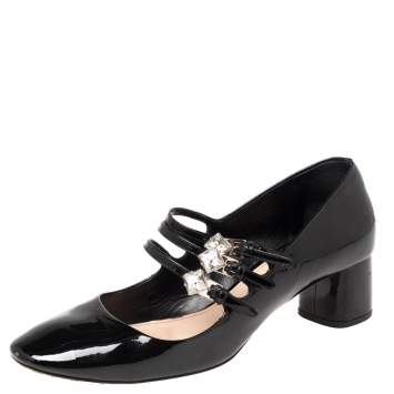Pre Owned Miu Miu Black Patent Leather Crystal Embellished Block Heel Pumps Size 36
