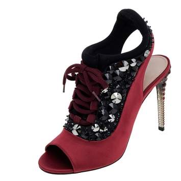 Pre Owned Miu Miu Red-Black Satin And Fabric Crystal Embellished Ankle Sandals Size 38