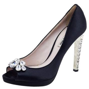 Pre Owned Miu Miu Black Satin Peep Toe Pumps Size 41
