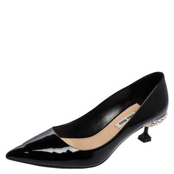 Pre Owned Miu Miu Black Patent Leather Pointed Toe Kitten Heel Pumps Size 37.5