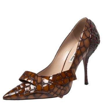 Pre Owned Miu Miu Brown-Burgundy Croc Embossed Patent Leather Bow Detail Pointed Toe Pumps Size 39