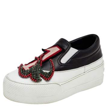 Pre Owned Miu Miu Multicolor Leather and Suede Embellished Slip On Sneakers Size 36